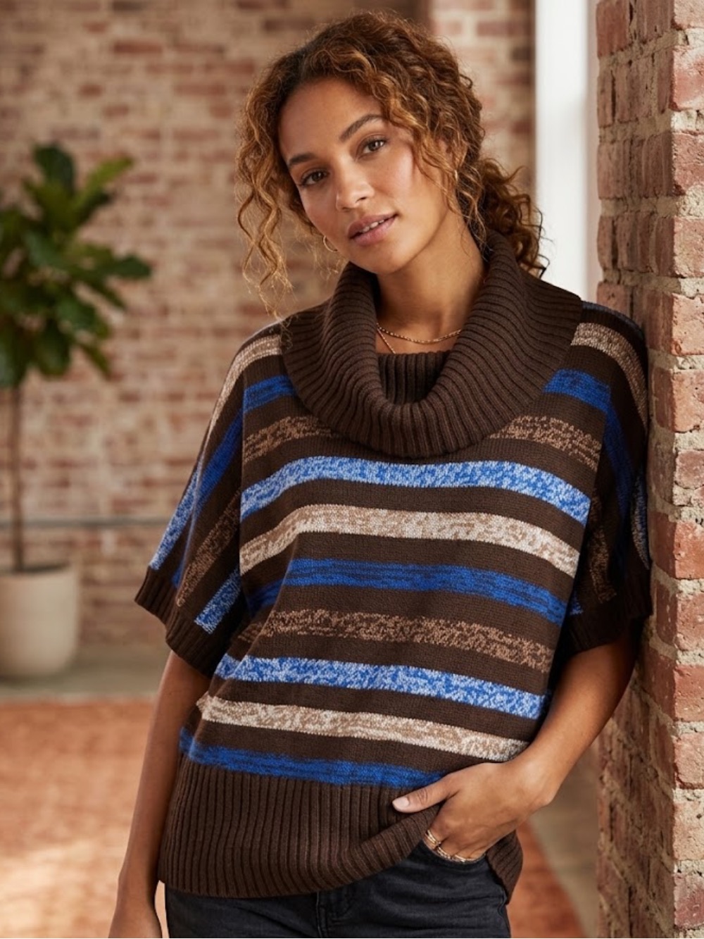 Faded Glory Brown Ribbed Knit Cowl Neck Sweater Top Size M